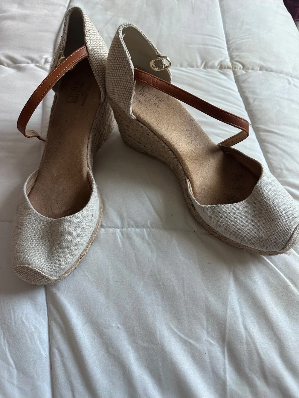 Croft & Barrow Women’s Beige Brown Linen Ankle Strap Wedge Open Toe 9M
